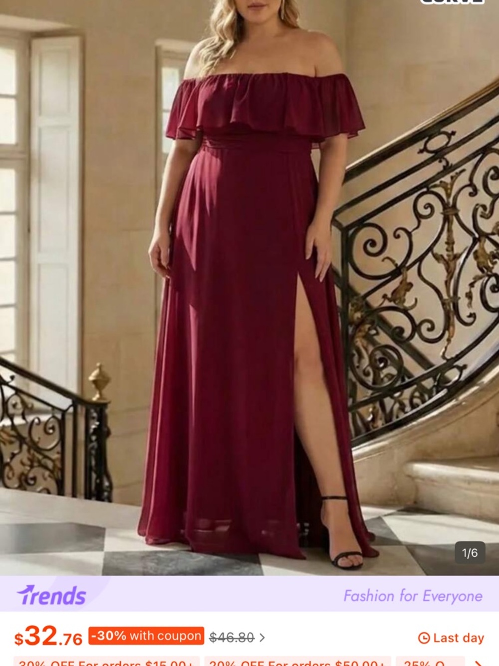 NWOT, 4XL/20 SHEIN Curve, Women's Burgundy Off-Shoulder Maxi Dress - Picture 4 of 13